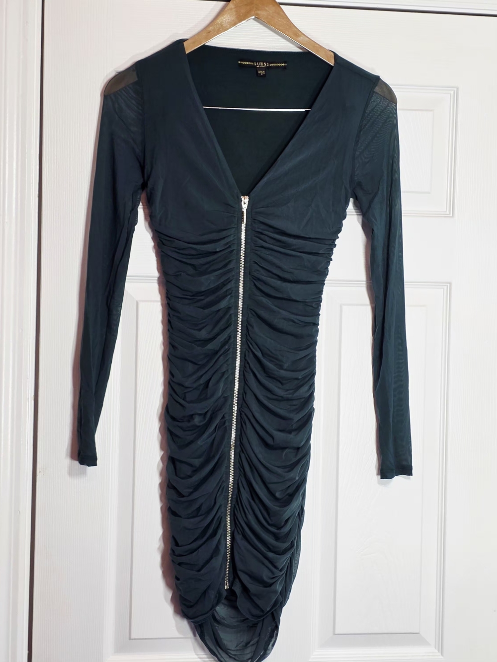 Guess Women's Small Green Long Sleeve Ruched Front Bodycon Dress Deep V Neck